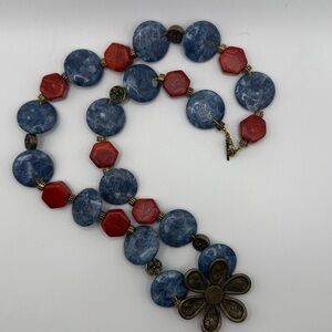 Boho Blue Sodalite & Red Jasper Beaded Statement Necklace with Flower Pendant
